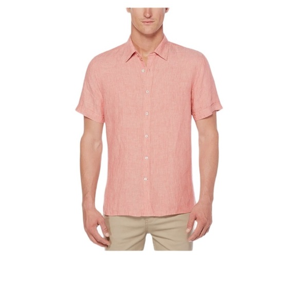 Perry Ellis Men Short Sleeve Chambray 100% Linen Button Down Shirt Tangerine L - Picture 1 of 9